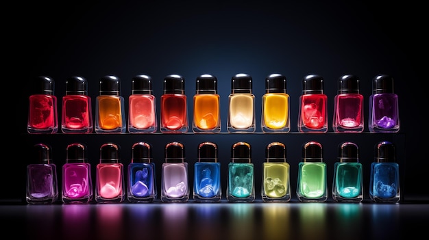 A row of nail polish bottles in various colors against a dark background