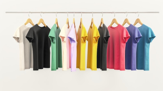 A row of neatly arranged colorful tshirts highlighting the diversity and simplicity in fashion on a minimalist white background