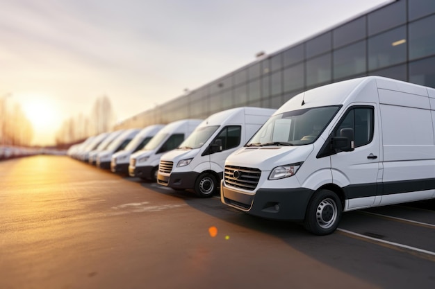 Photo row of new white cargo vans at a logistics center