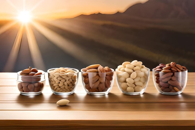 A row of nuts in small glass containers sit on a wooden table.