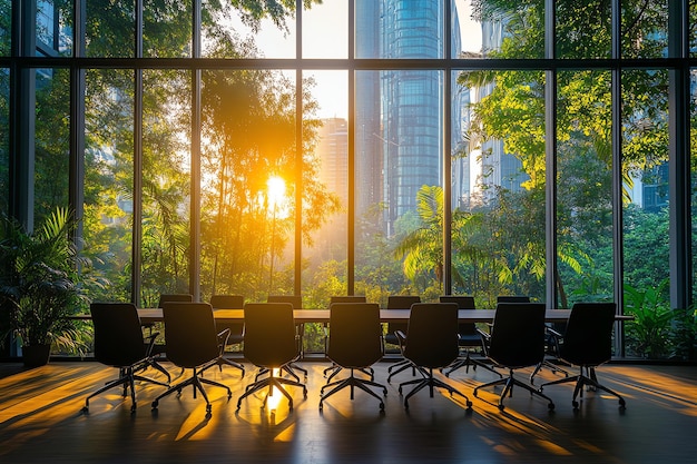 Photo a row of office chairs in a boardroom with a panoramic view of a city skyline through large windows the sun is shining through the windows casting long shadows on the floor