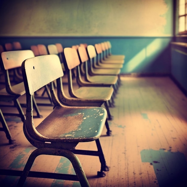 A row of old school chairs in a classroom with a blue wall behind them.