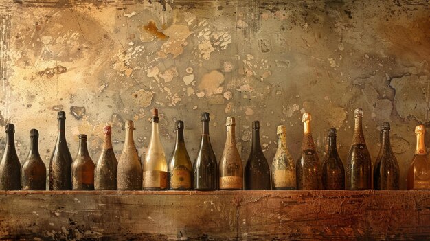 Row of Old Wine Bottles on Shelf