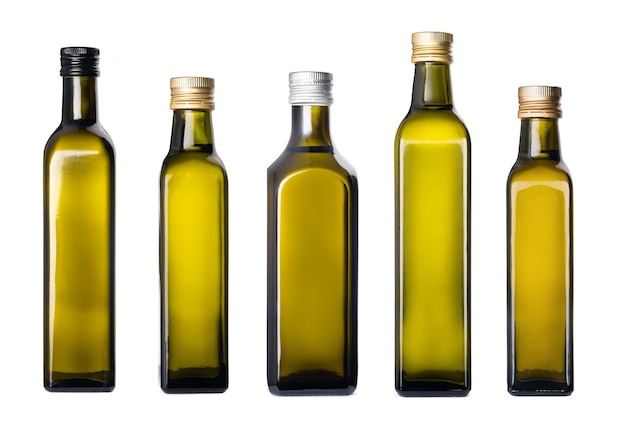 Row of olive oil bottles isolated on white