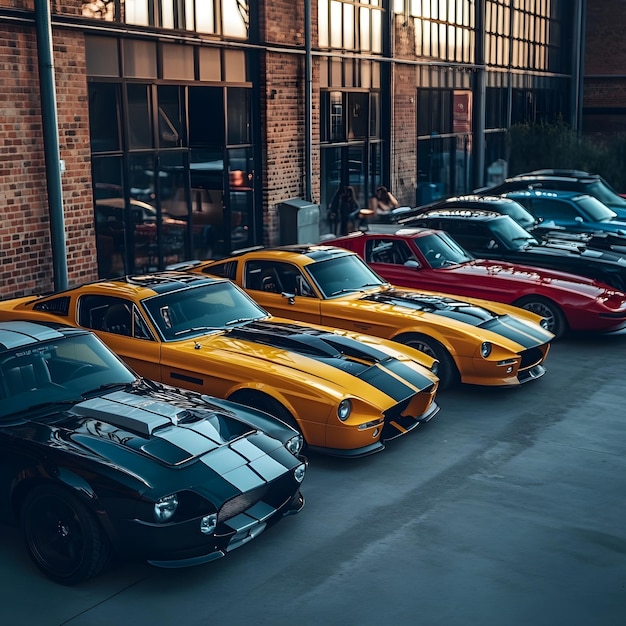 Photo a row of orange and blue vintage cars parked in a row