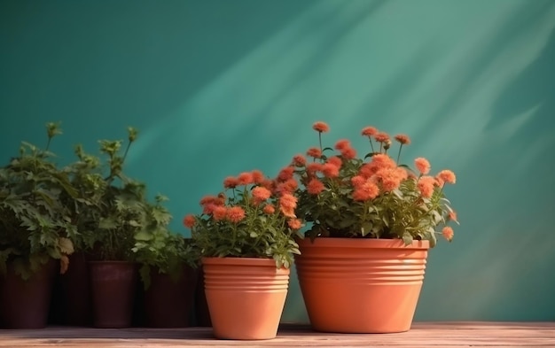 A row of orange flowers are on a table next to a green wall.