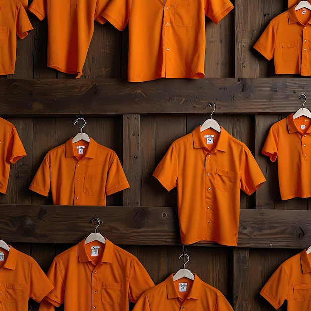 a row of orange jackets with the word  t  on the front