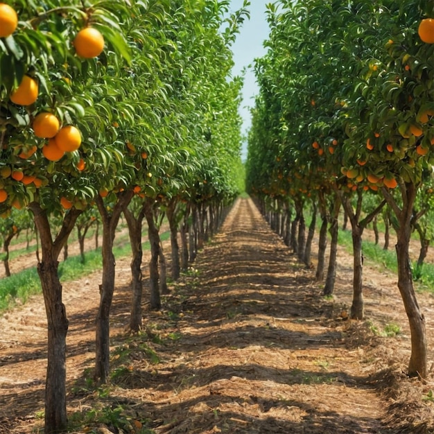 a row of orange trees with oranges hanging from the tree