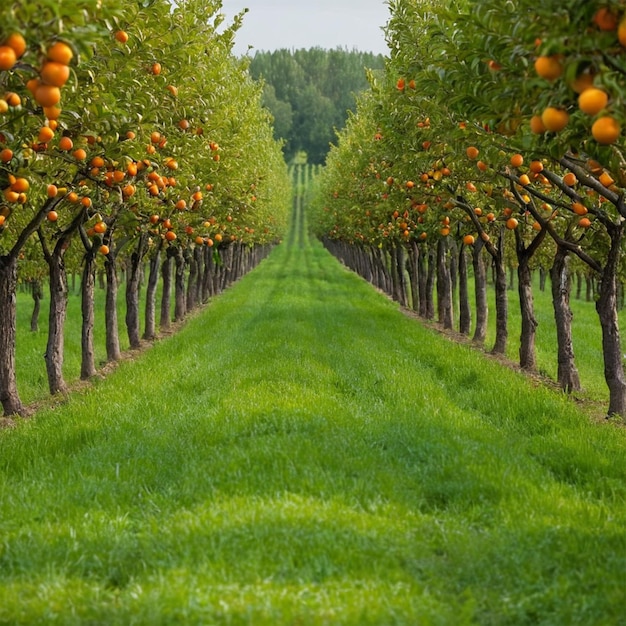 a row of orange trees with oranges hanging from the trees