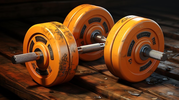 a row of orange and yellow dumbbells are laying on a wooden surface