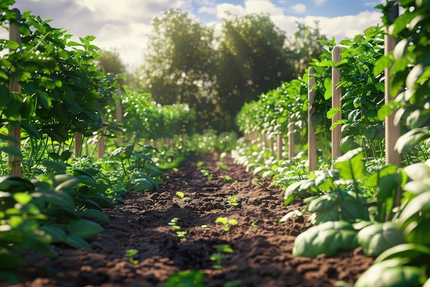 Row of Organic Vegetable Garden Under Sunlight