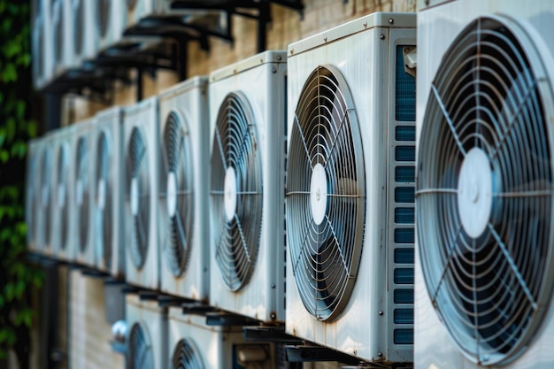 Photo row of outdoor air conditioner units cooling a building