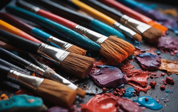 A row of paint brushes in vibrant colors like violet magenta and electric blue