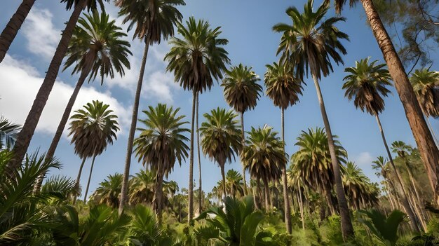 a row of palm trees with a blue sky in the background