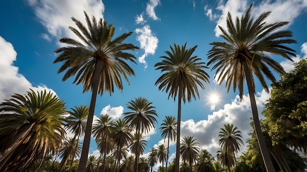 Photo a row of palm trees with a cloudy sky in the background