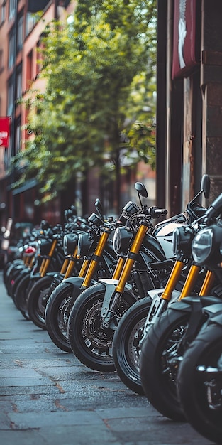 Row of parked motorcycles on city street