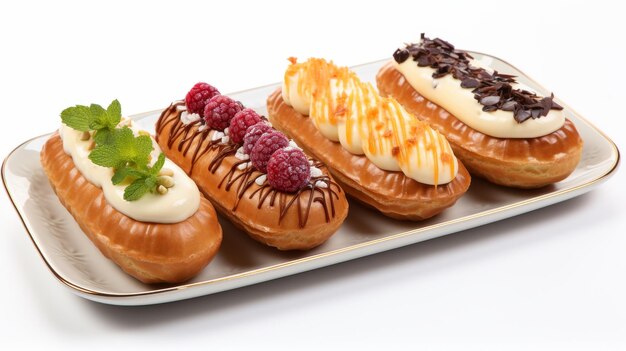 A row of pastries lined on a white plate ready to be savored