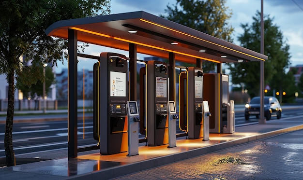 Photo a row of pay phones are lined up on a sidewalk