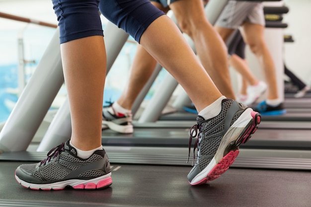 Row of people working out on treadmills