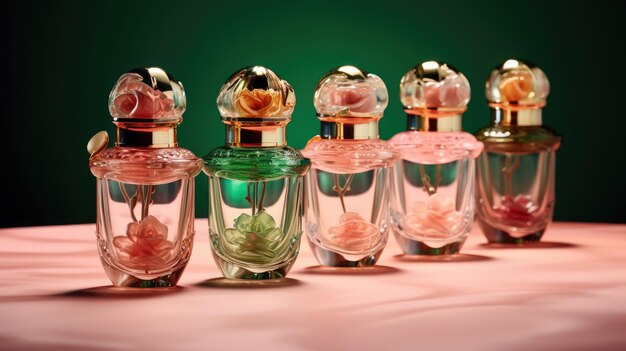 a row of perfumes with pink flowers on the top.