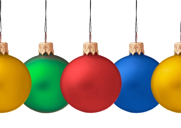 Row pf hanging Christmas baubles isolated seamless horizontall