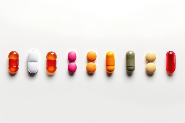 Photo row of pills on table on a white or clear surface png transparent background