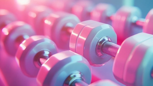 Photo a row of pink and blue dumbbells with the pink and blue colors of the bottom