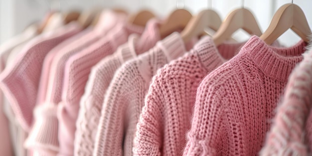 a row of pink knitted sweaters are lined up in a row