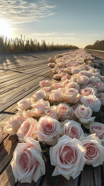 A row of pink roses line a wooden deck with a sunset in the background.