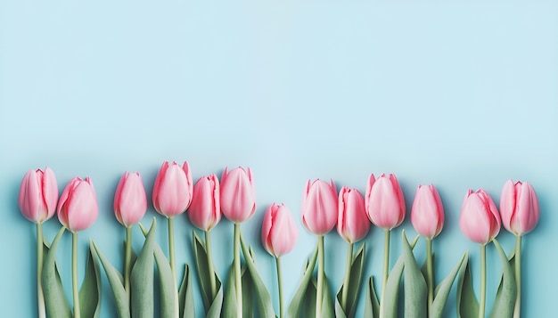 A row of pink tulips on a blue background.