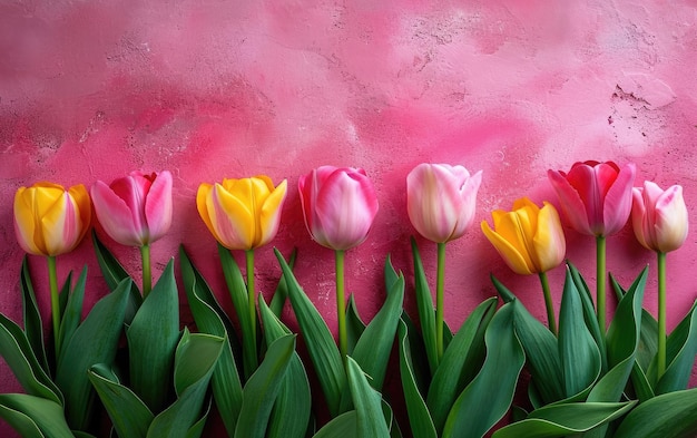 A Row of Pink and Yellow Tulips Lined Up Against a Pastel Pink Textured Background with Copy Space