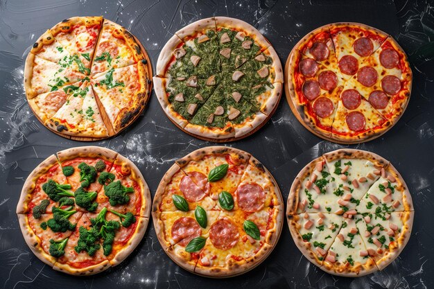 A row of pizzas with different toppings including pepperoni mushrooms