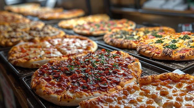 a row of pizzas with different toppings on them