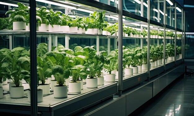 A row of plants growing in a greenhouse