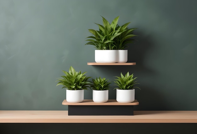 a row of plants on a shelf with a green background