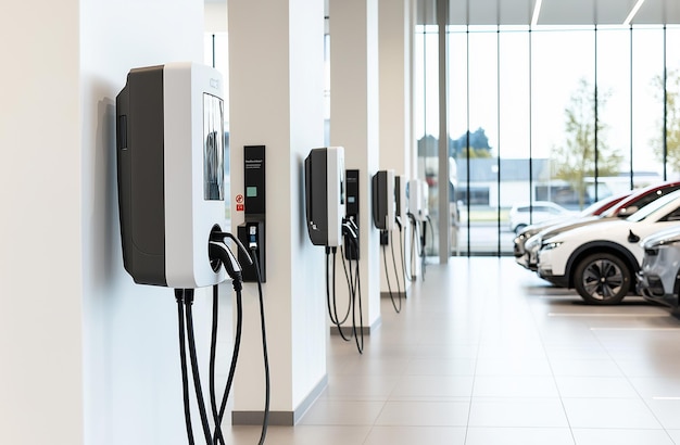 Photo a row of plugs in a room with a wall of windows