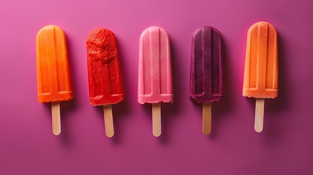 A row of popsicle ice creams on a purple background