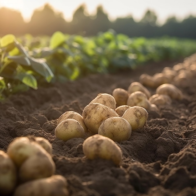 A row of potatoes on a field with the sun shining on them