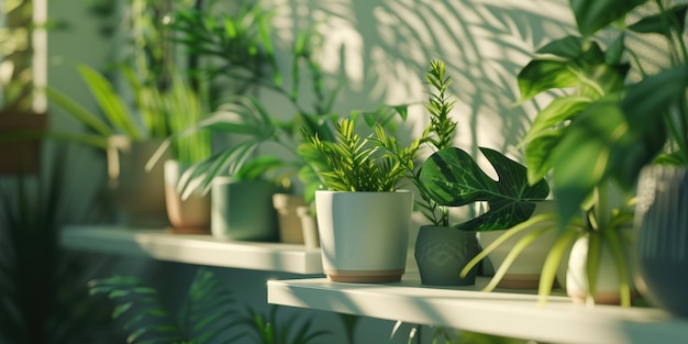 A row of potted plants on a shelf