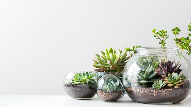 a row of potted plants sit in a glass vase