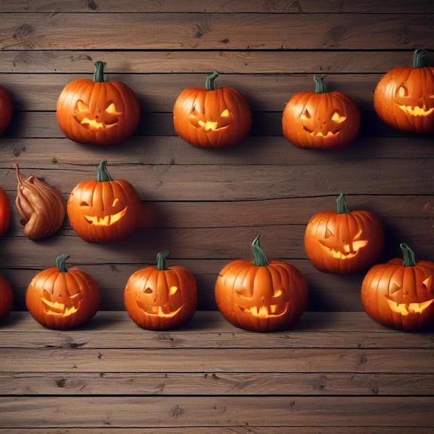 a row of pumpkins with a face carved into it