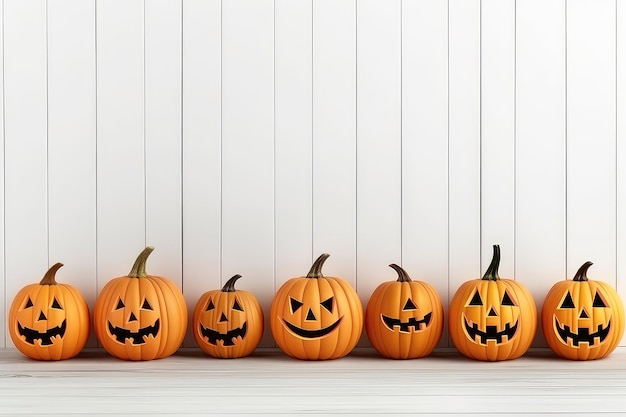 A Row Of Pumpkins With Faces Carved Into Them