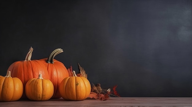 A row of pumpkins on a wooden table with a black background Generated AI