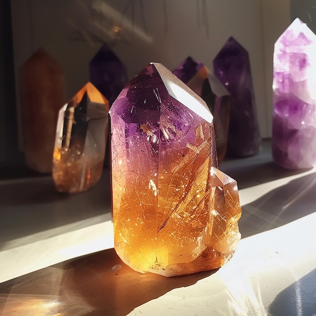 a row of purple crystals are on a window sill