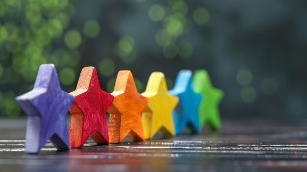 A row of rainbow colored wooden stars on a tabletop Rating concept