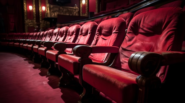 A row of red chairs in a cinema with the word cinema on the right