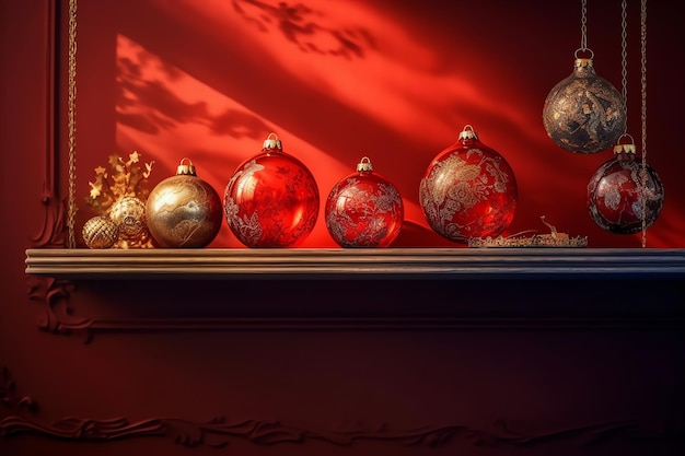 A row of red christmas ornaments on a mantle