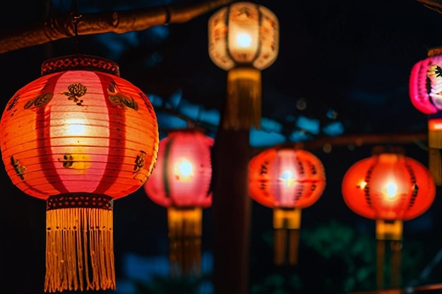 Photo a row of red lanterns with chinese symbols on them