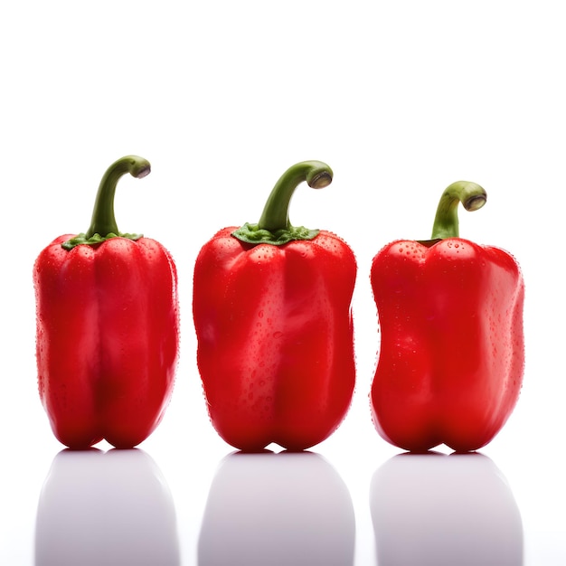 A row of red peppers with a green stem