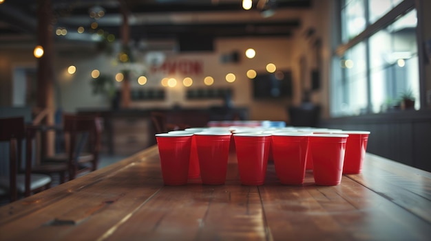 Row of red plastic cups on a wooden bar table for a game